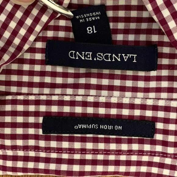 💰Lands End Red Check No Iron Supima Cotton Popover Dress Shirt - Size 18 - Picture 8 of 11
